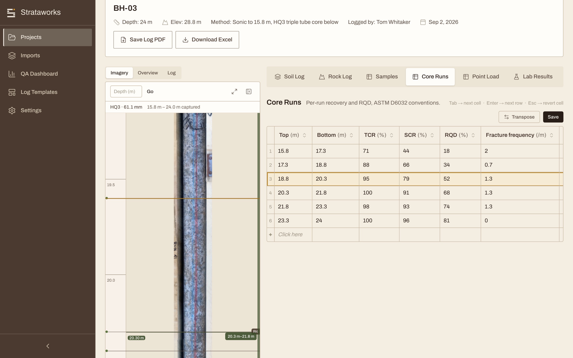 Core runs table with recovery, RQD and fracture frequency per run, beside the stitched core strip on the same depth axis