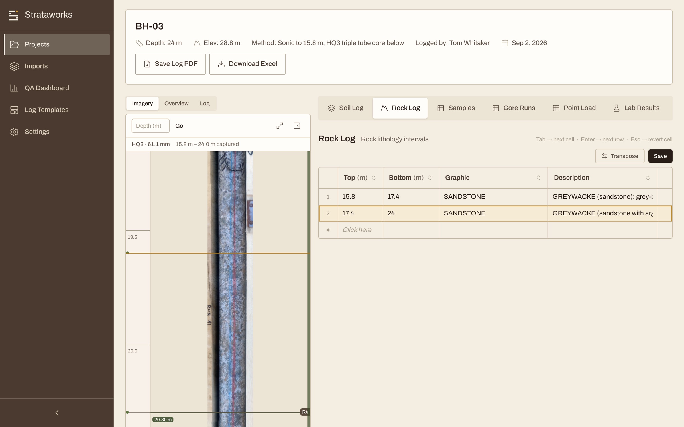 The rock log grid with the stitched core strip docked beside it, scrolling on the same depth axis