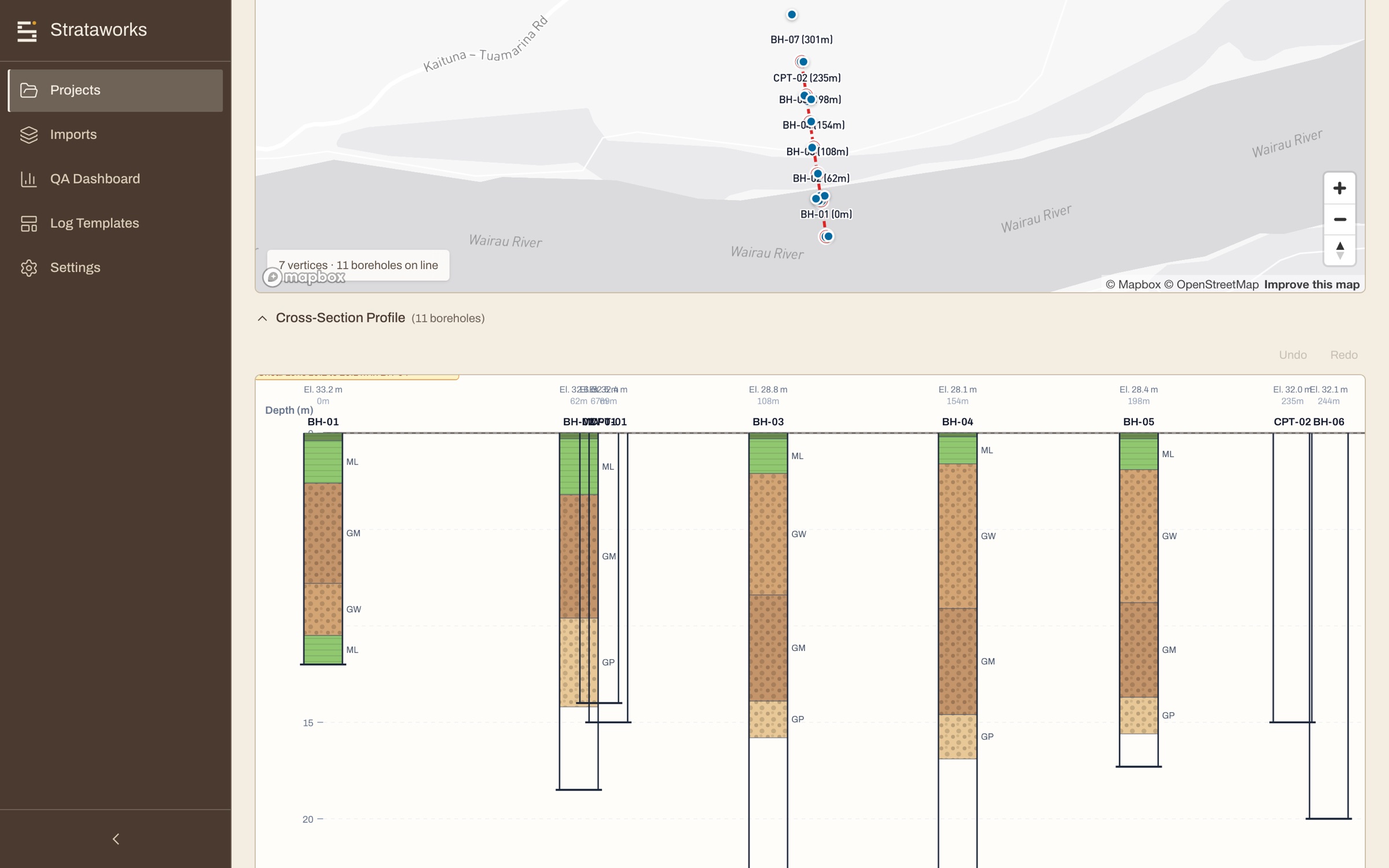 Strataworks cross-section builder: a section line across the boreholes with formation tops correlated between holes