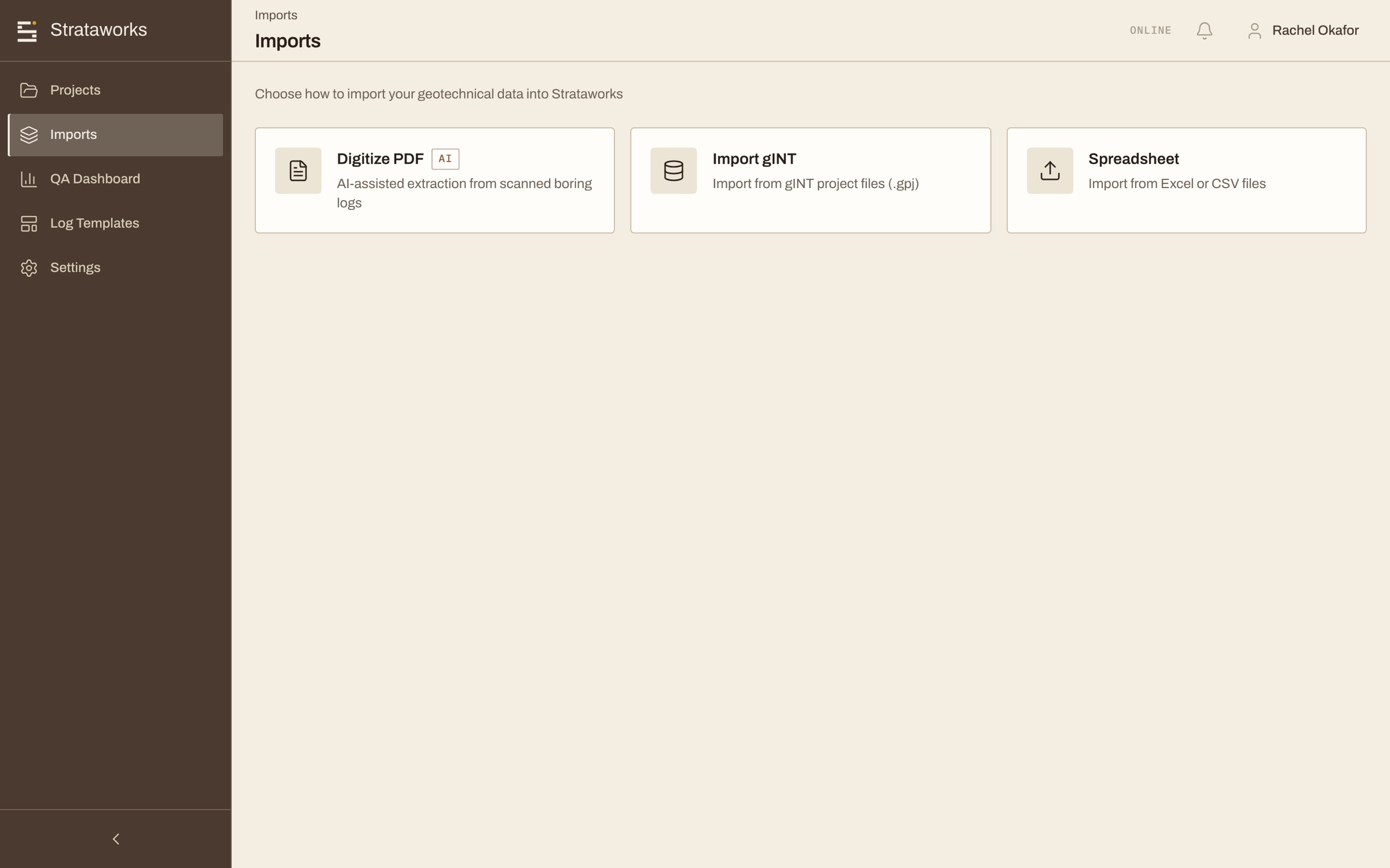 Import options for scanned PDF logs, gINT project files and spreadsheets
