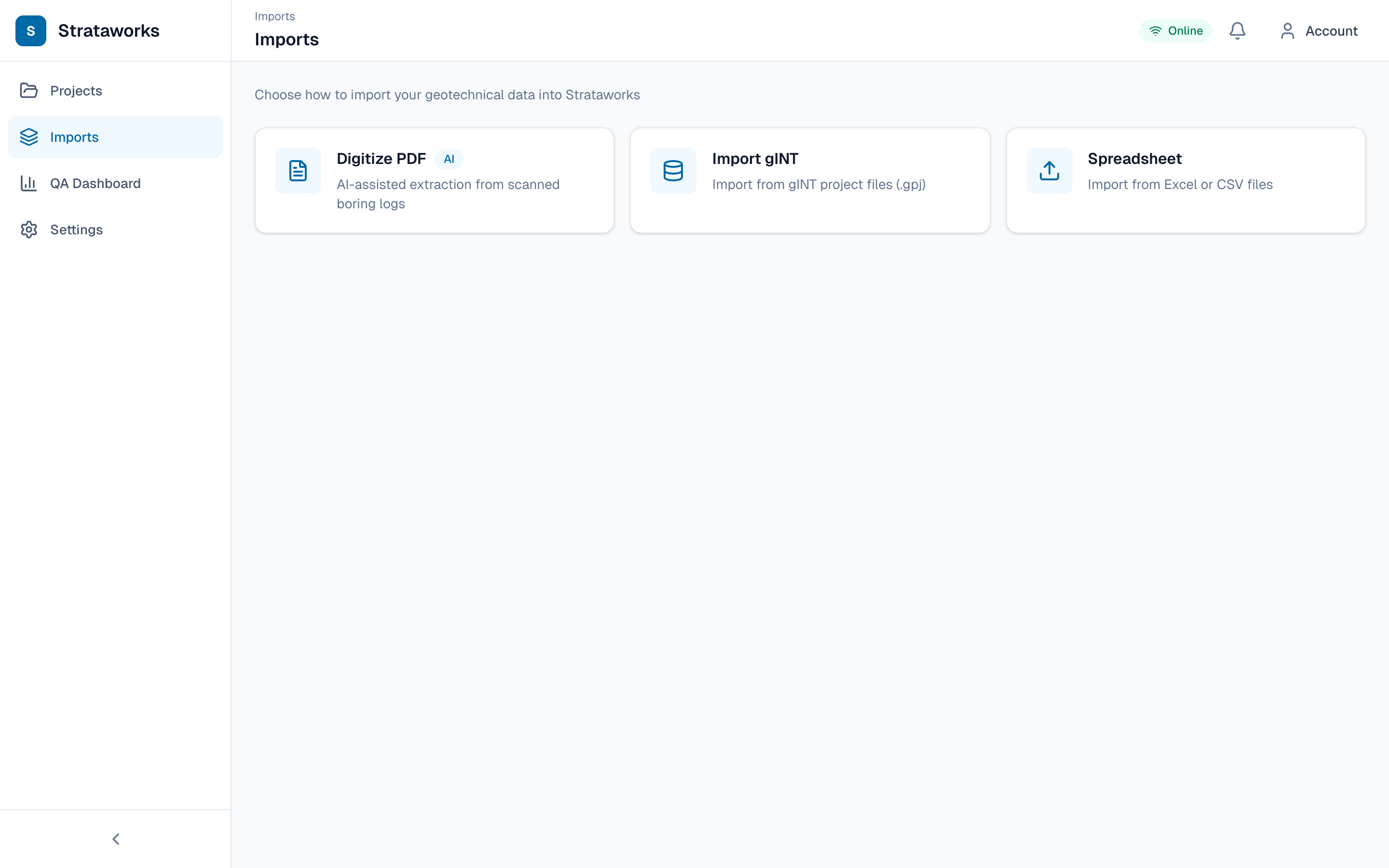 Import options showing PDF digitization with AI, gINT import, and spreadsheet import