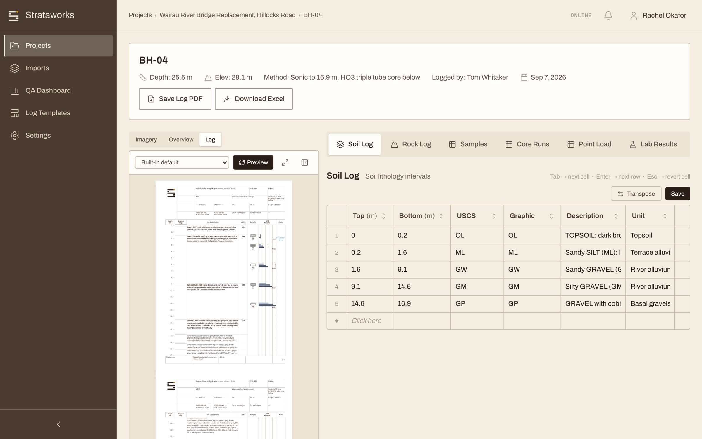 A rendered PDF borehole log preview in the workspace, built from the firm's own template