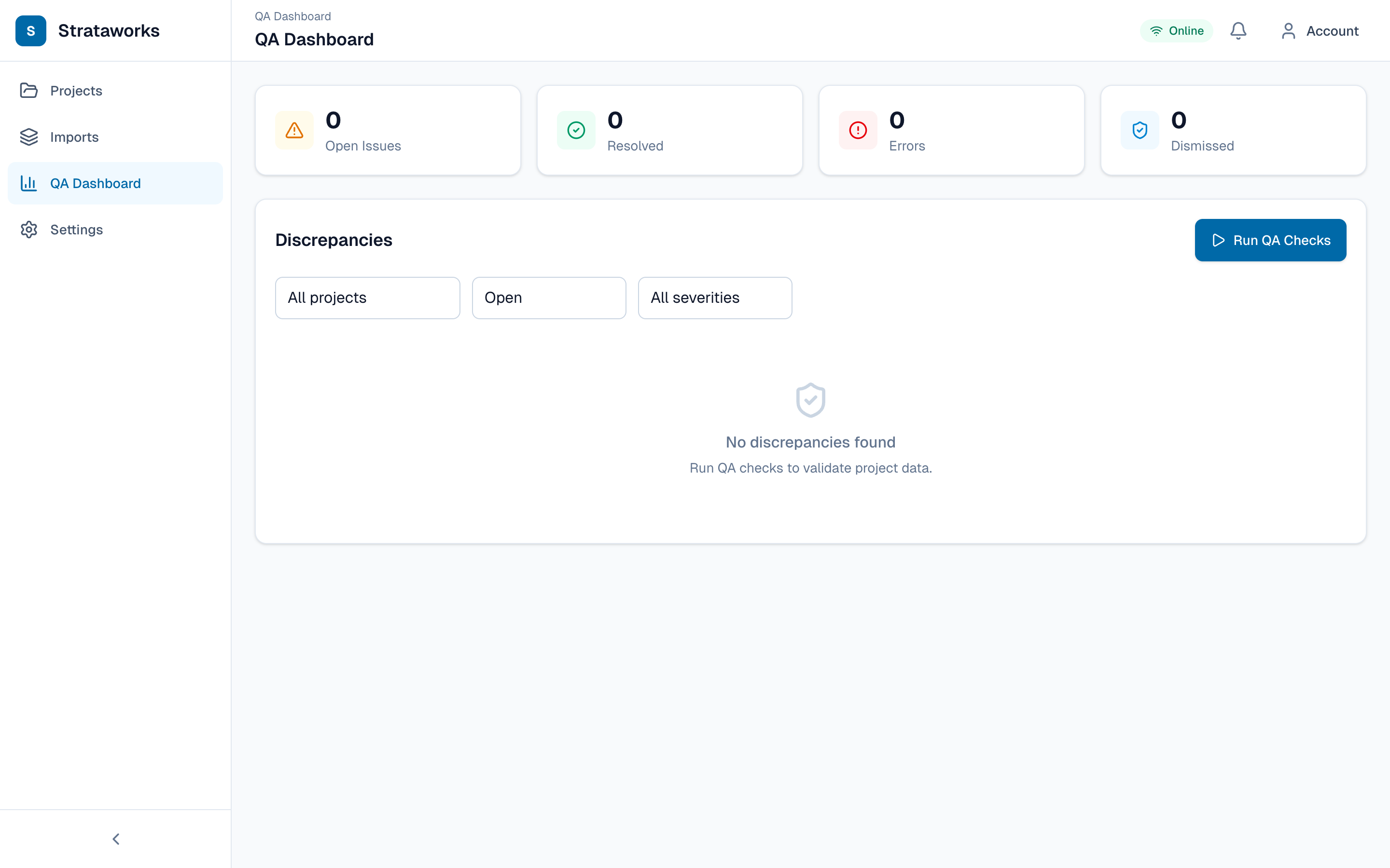 Strataworks QA dashboard showing validation checks and discrepancy filters